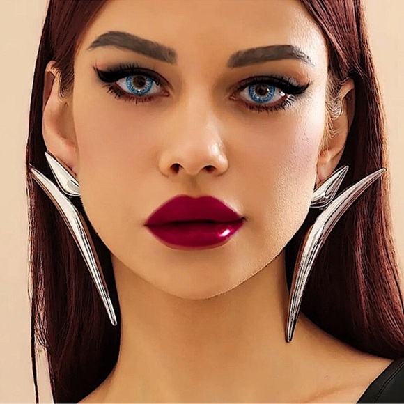 Exaggerated Silver Spiked Earrings, Oversized,, Statement, Club, Punk, Retro - Picture 1 of 4